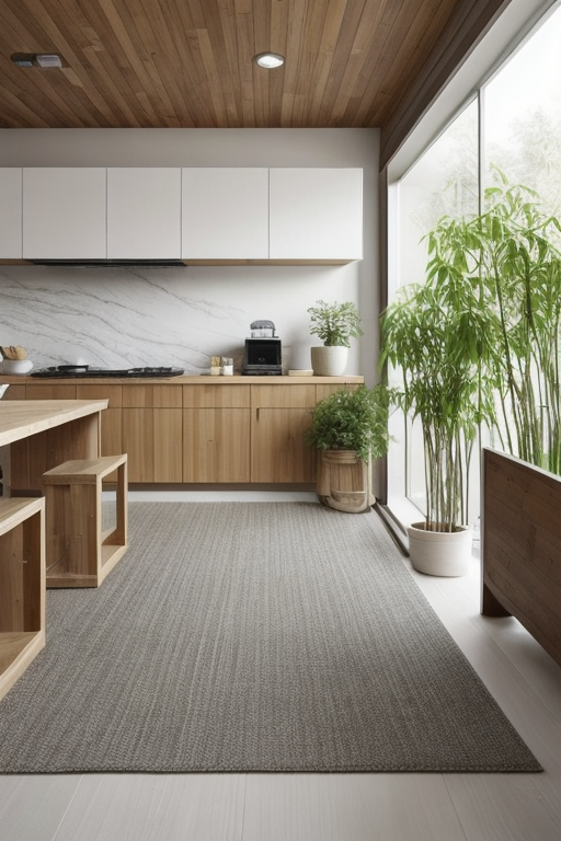 Kitchen, Zen design, serene and tranquil, minimalistic and uncluttered, neutral colour palette, natural materials, bamboo and stone, low and comfortable seating, clean and straight lines, incorporation of natural elements, water and plants, a sense of balance and harmony