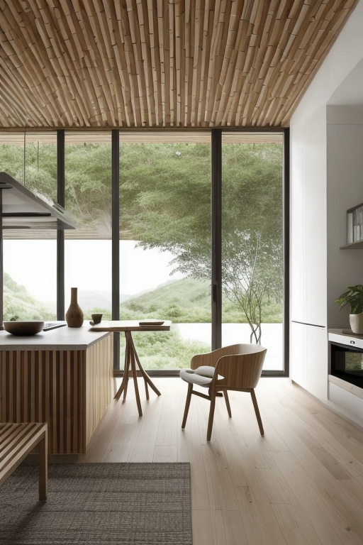 Kitchen, Zen design, serene and tranquil, minimalistic and uncluttered, neutral colour palette, natural materials, bamboo and stone, low and comfortable seating, clean and straight lines, incorporation of natural elements, water and plants, a sense of balance and harmony