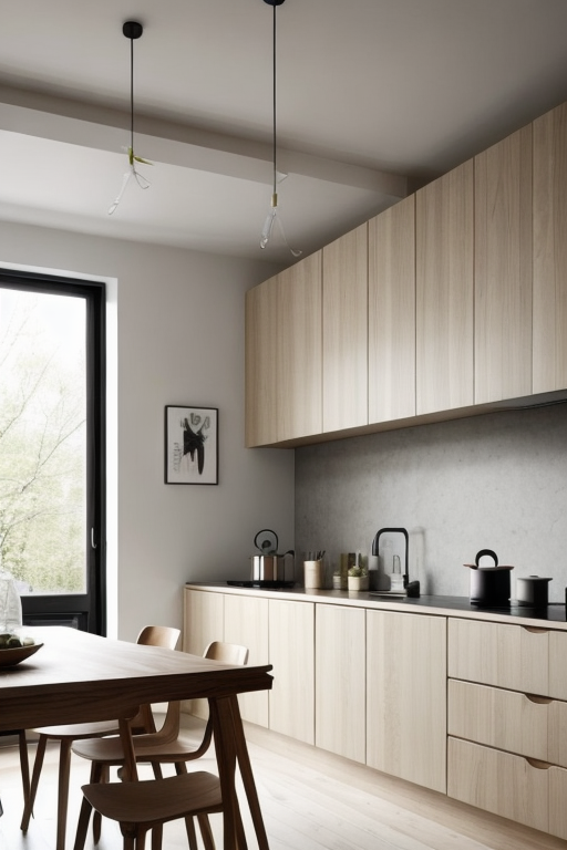 Kitchen, Scandinavian design, light and airy spaces, neutral colour palette, natural light, light-coloured woods, minimalistic and functional furniture, clean lines, connection to nature