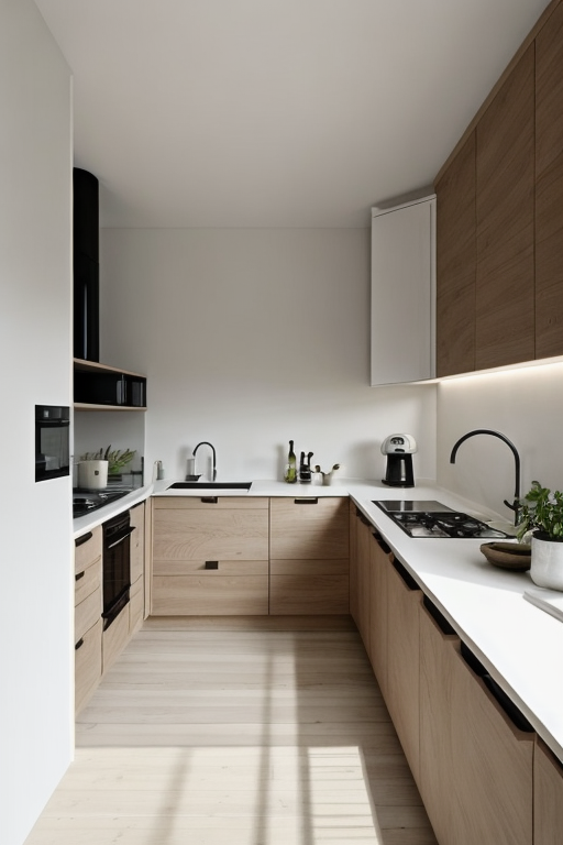Kitchen, Scandinavian design, light and airy spaces, neutral colour palette, natural light, light-coloured woods, minimalistic and functional furniture, clean lines, connection to nature