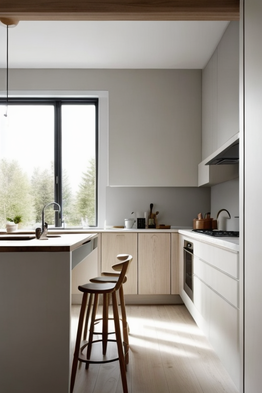 Kitchen, Scandinavian design, light and airy spaces, neutral colour palette, natural light, light-coloured woods, minimalistic and functional furniture, clean lines, connection to nature