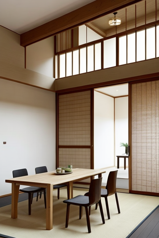 Dining Room, Japanese design, serene and minimalist, clean lines, natural materials, wood, stone, neutral colour palette, sliding doors shoji, tatami mats,  Zen garden elements, focus on simplicity and harmony
