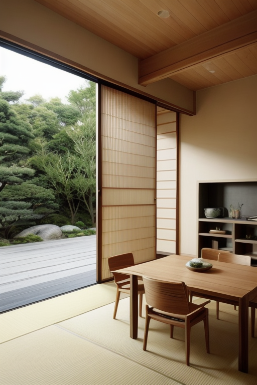Dining Room, Japanese design, serene and minimalist, clean lines, natural materials, wood, stone, neutral colour palette, sliding doors shoji, tatami mats,  Zen garden elements, focus on simplicity and harmony