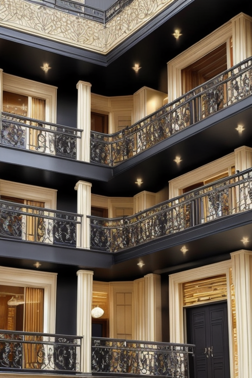Balcony, Art Deco design, glamorous and luxurious, geometric shapes, bold colours, black, rich jewel tones, mirrored surfaces, ornate detailing, high-gloss finishes, dramatic lightning fixtures