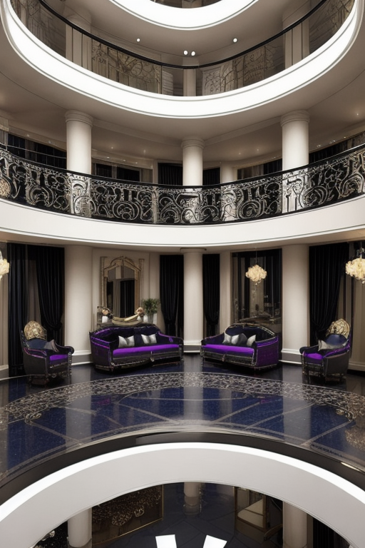 Balcony, Art Deco design, glamorous and luxurious, geometric shapes, bold colours, black, rich jewel tones, mirrored surfaces, ornate detailing, high-gloss finishes, dramatic lightning fixtures