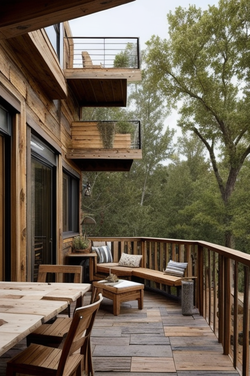 Balcony, Rustic design, warm and inviting, natural materials, wood and stone, earthy colour palette, textured finishes, exposed beams, distressed or reclaimed furniture, cozy and rugged charm