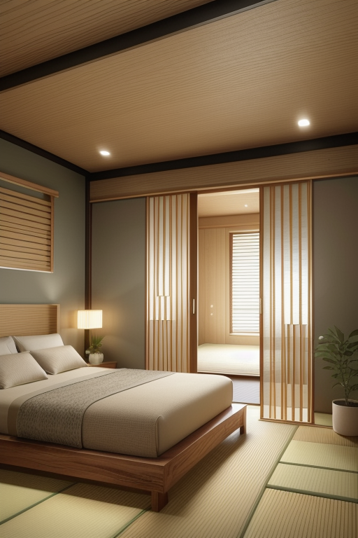 Bedroom, Japanese design, serene and minimalist, clean lines, natural materials, wood, stone, neutral colour palette, sliding doors shoji, tatami mats,  Zen garden elements, focus on simplicity and harmony