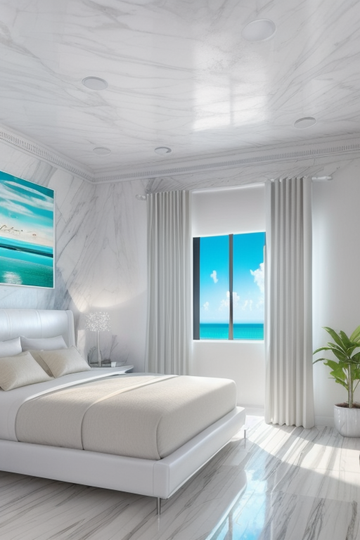 Bedroom, (in Miami:1.5), (miami interior design:1.4), contemporary design, clean room, miami vice, white marble floors, stainless steel, leather, big windows, ocean view
