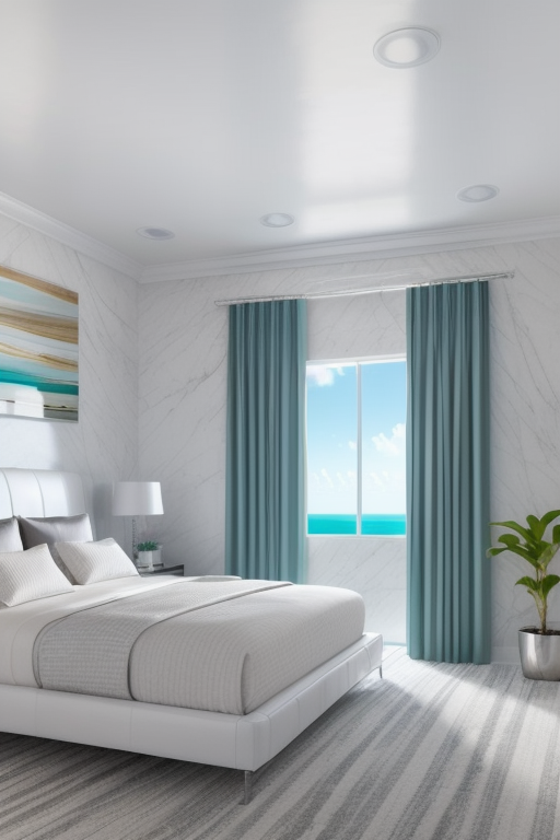 Bedroom, (in Miami:1.5), (miami interior design:1.4), contemporary design, clean room, miami vice, white marble floors, stainless steel, leather, big windows, ocean view