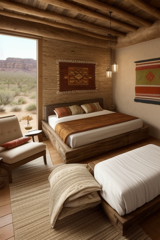 Bedroom, Southwestern design, warm and earthy, desert-inspired colour, terracotta, natural materials, adobe and wood, rustic and handcrafted elements, Native American and Mexican influences