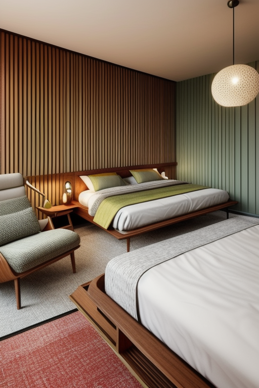 Bedroom, Mid Century design, organic shapes, mixed materials such wood, glass and metal, bold colours, retro and futuristic elements, iconic design from mid-20th century
