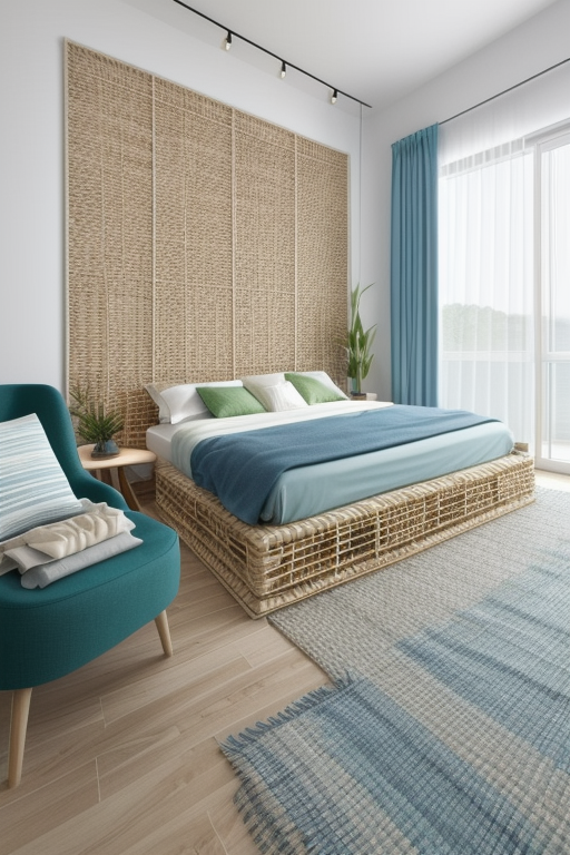 Bedroom, Coastal design, light and breezy atmosphere, self colour palette, white and blue, natural textures, jute, bamboo, green plants, relaxed, casual feel, light fabrics curtains