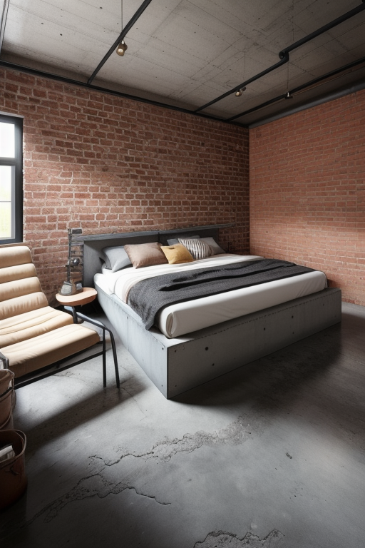 Bedroom, Industrial design, raw and unfinished look, exposed brick walls, concrete floors, metal accents, utilitarian aesthetics, salvaged or repurposed materials, open floor plans
