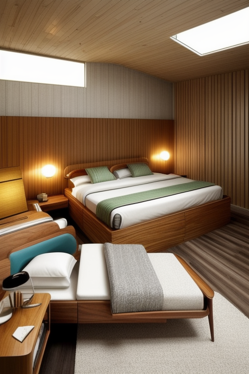 Bedroom, Mid Century design, organic shapes, mixed materials such wood, glass and metal, bold colours, retro and futuristic elements, iconic design from mid-20th century