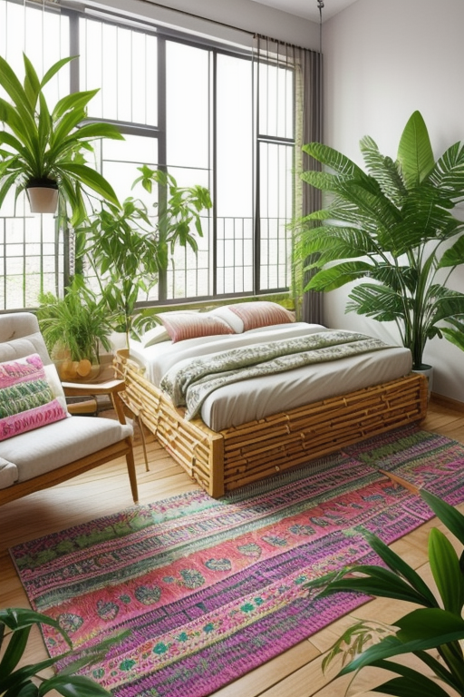 Bedroom, Shabby Chic, romantic, tropic vibes, vibrant and bold colours, botanical patterns, indoor plants, relaxed atmosphere, natural materials, bamboo, wood