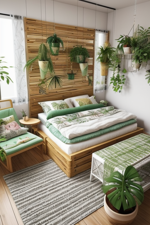 Bedroom, Shabby Chic, romantic, tropic vibes, vibrant and bold colours, botanical patterns, indoor plants, relaxed atmosphere, natural materials, bamboo, wood