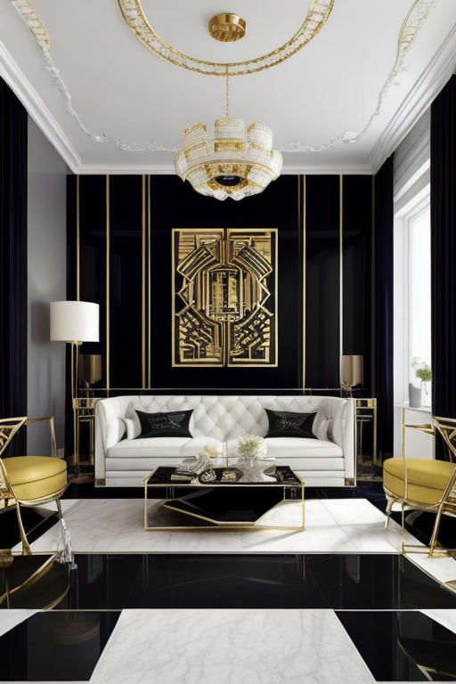 Living Room, Art Deco design, glamorous and luxurious, geometric shapes, bold colours, black, rich jewel tones, mirrored surfaces, ornate detailing, high-gloss finishes, dramatic lightning fixtures