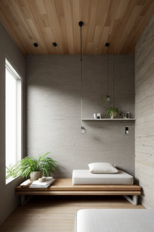 Bedroom, Zen design, serene and tranquil, minimalistic and uncluttered, neutral colour palette, natural materials, bamboo and stone, low and comfortable seating, clean and straight lines, incorporation of natural elements, water and plants, a sense of balance and harmony