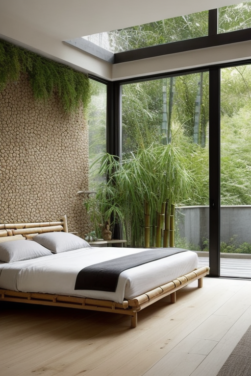 Bedroom, Zen design, serene and tranquil, minimalistic and uncluttered, neutral colour palette, natural materials, bamboo and stone, low and comfortable seating, clean and straight lines, incorporation of natural elements, water and plants, a sense of balance and harmony