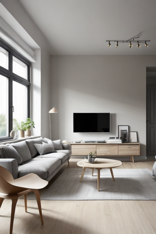 Living Room, Scandinavian design, light and airy spaces, neutral colour palette, natural light, light-coloured woods, minimalistic and functional furniture, clean lines, connection to nature