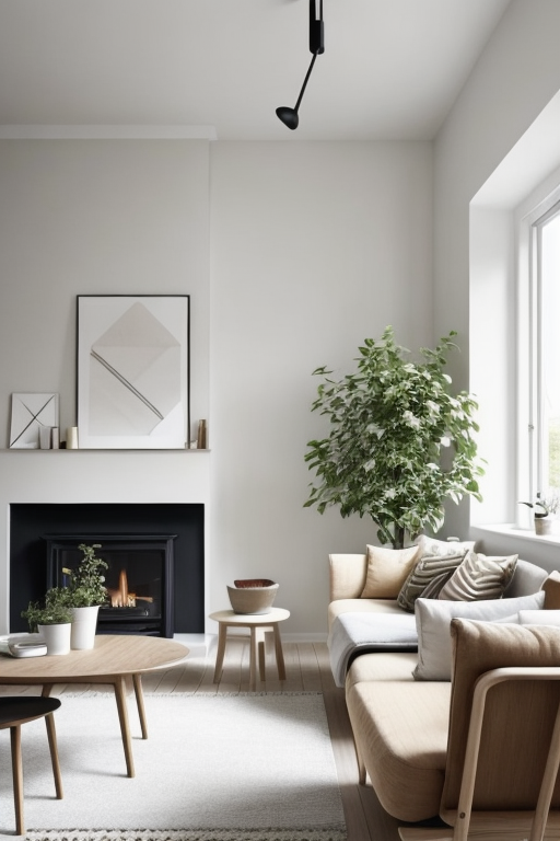 Living Room, Scandinavian design, light and airy spaces, neutral colour palette, natural light, light-coloured woods, minimalistic and functional furniture, clean lines, connection to nature