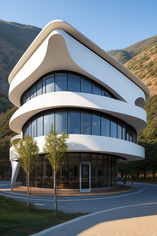 Cafe, designed by Zaha Hadid, Post-Modern Architecture, in the morning, in the mountains