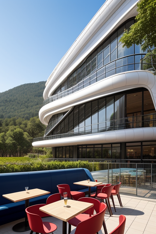 Cafe, designed by Zaha Hadid, Post-Modern Architecture, in the morning, in the mountains