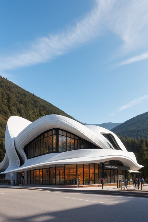 Cafe, designed by Zaha Hadid, Post-Modern Architecture, in the morning, in the mountains