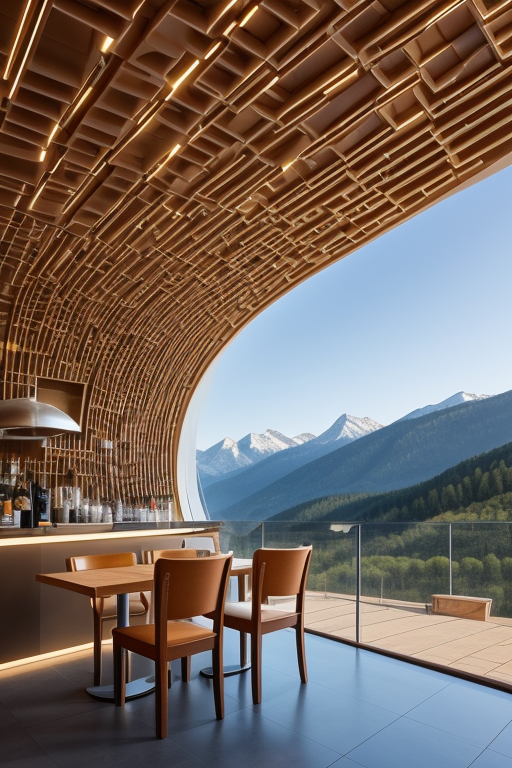 Cafe, designed by Zaha Hadid, Post-Modern Architecture, in the morning, in the mountains