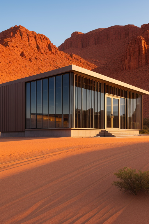 Office, designed by I.M. Pei, Japandi architecture, at sunset, in the desert