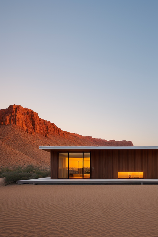 Office, designed by I.M. Pei, Japandi architecture, at sunset, in the desert