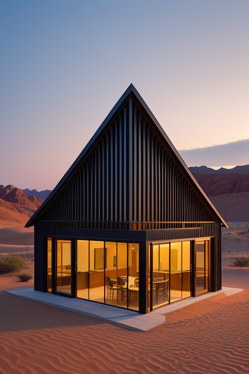 Office, designed by I.M. Pei, Japandi architecture, at sunset, in the desert
