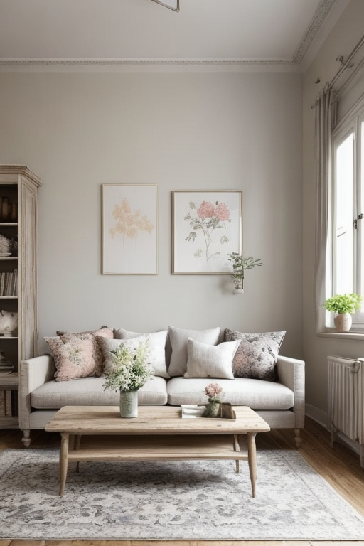 Living Room, French design, rustic and elegant, soft and pastel colour palette, creams, distressed elegant furniture, floral patterns, natural materials, linen, lots of warm coloured wood, comfortable and charming ambiance, antique furnishing