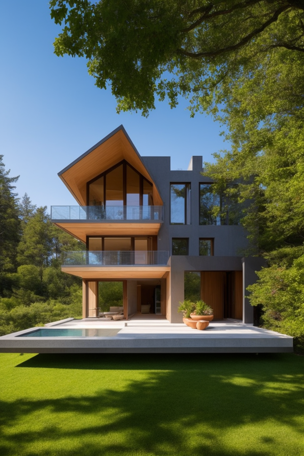 house in the rock, Villa, designed by Frank Lloyd Wright, Post-Modern Architecture, in the afternoon, in the forest
