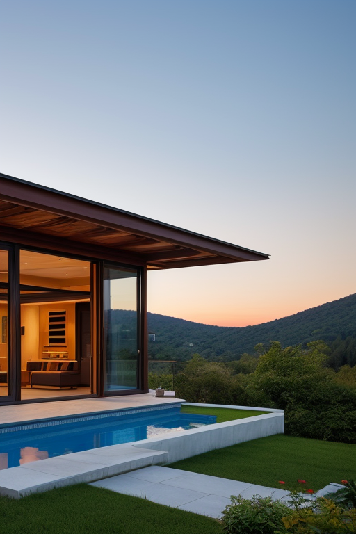 , Villa single storey, designed by Frank Lloyd Wright, Neofuturist Architecture, sunset, on the beach, Villa, designed by Gaudi, Islamic architecture, in the afternoon, in the forest, Villa, Chinese architecture, in the mountains
