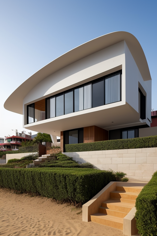 House, designed by Zaha Hadid, Japanese architecture, , in the morning, in Paracas Beach in Lima - Peru, 90 square meter area, detached, affordable.