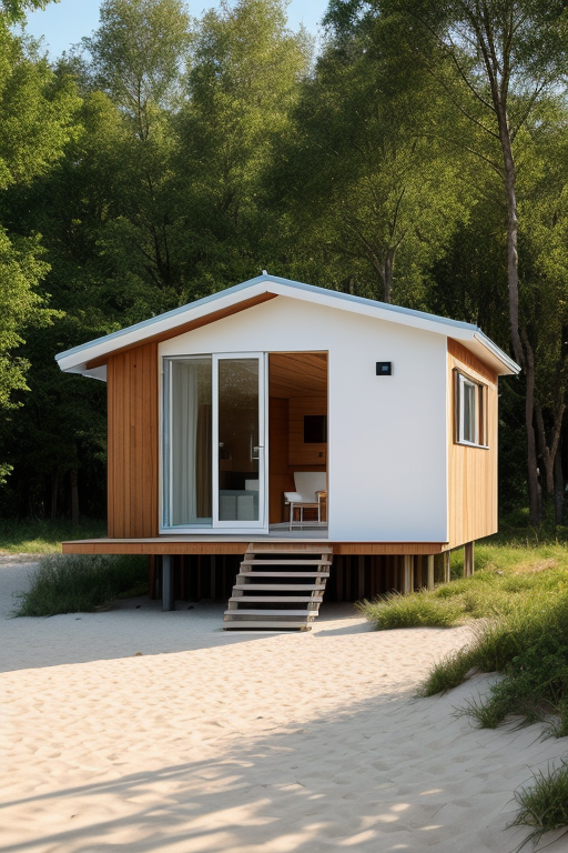 House, 90 square meter area, detached, affordable, designed by Alvar Aalto, in the morning, on the beach