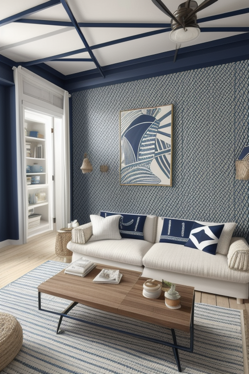 Living Room, Nautical style, fresh and maritime, navy blue and colour scheme, stripped patterns, nautical motifs, anchors and ropes, light and breezy textiles, jute and sisal, a sense of of seaside living and relaxation 