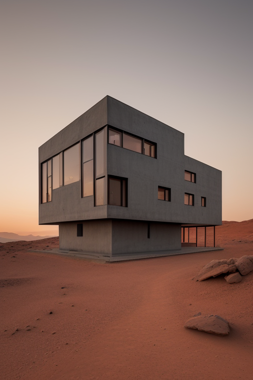 Villa, designed by Le Corbusier, Neofuturist Architecture, at sunset, on Mars