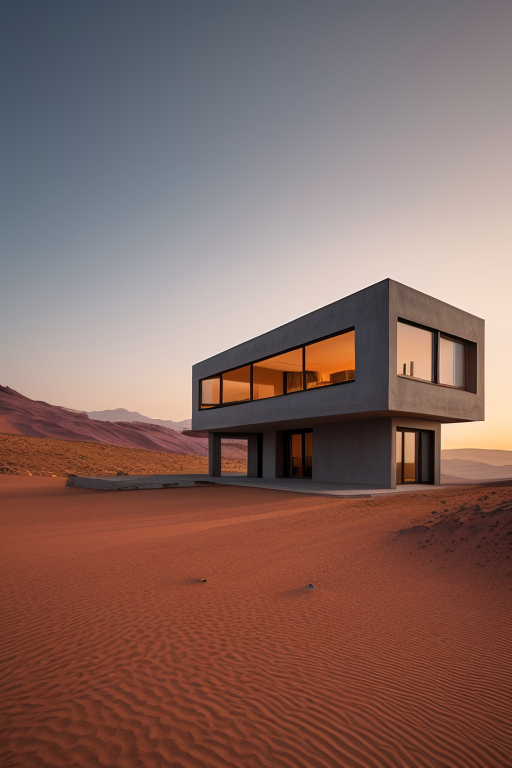 Villa, designed by Le Corbusier, Neofuturist Architecture, at sunset, on Mars