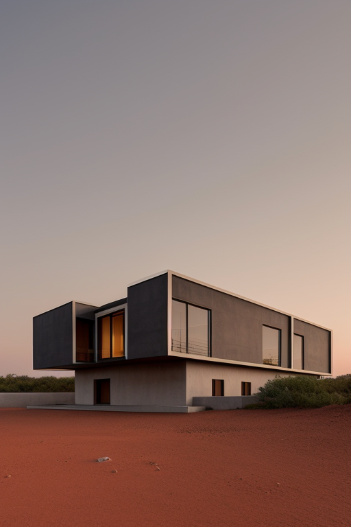 Villa, designed by Le Corbusier, Neofuturist Architecture, at sunset, on Mars