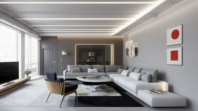Living Room, High-Tech style, sleek and futuristic, cold colours, minimalist and streamlined, metallic finishes, glass, mirrored surfaces, clean lines, state-of-the-art technology integration, open and functional spaces, a sense of innovation and modernity