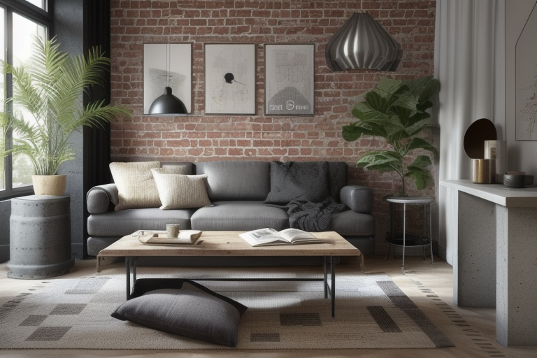 Living Room, Industrial design, raw and unfinished look, exposed brick walls, concrete floors, metal accents, utilitarian aesthetics, salvaged or repurposed materials, open floor plans