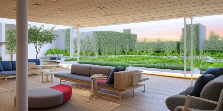 Crea un jardin circular en medio de la sala de espera, con un arbol que atraviese el techo , Hospital, designed by Zaha Hadid, Bauhaus Architecture, Brutalist Architecture, at sunset