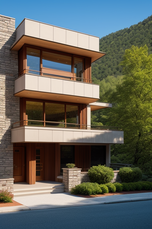 Brownstone, designed by Frank Lloyd Wright, Modern Architecture, in the afternoon, in the mountains