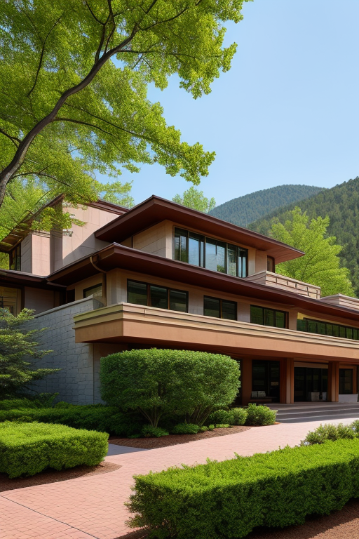 Brownstone, designed by Frank Lloyd Wright, Modern Architecture, in the afternoon, in the mountains