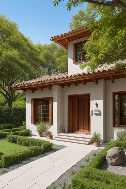 Casa en la montaña, con Volumenes en Piedra Rosada, Detalle de ventanas en madera y vidrio, zona de corredor exterior, estilo colonial, con una amplia zona de estacionamiento y jardin