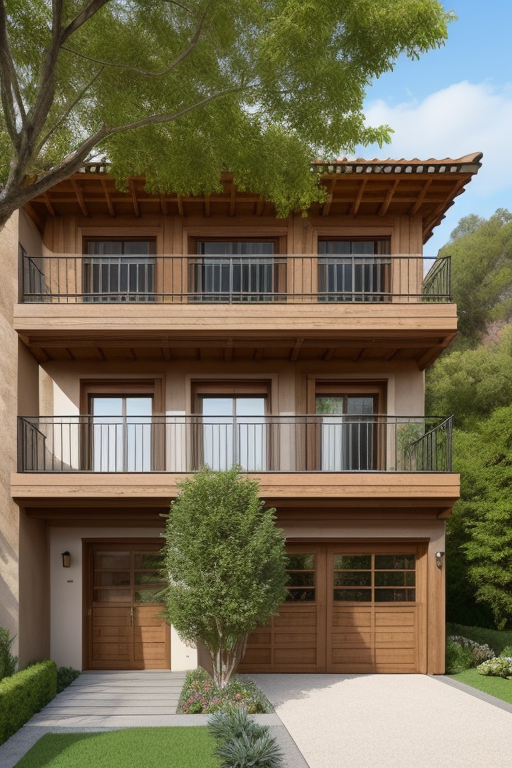 Casa en la montaña, con Volumenes en Piedra Rosada, Detalle de ventanas en madera y vidrio, zona de corredor exterior, estilo colonial, con una amplia zona de estacionamiento y jardin