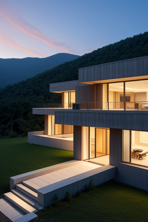 Townhouse, Villa, designed by Tadao Ando, Brutalist Architecture, at sunset, in the mountains
