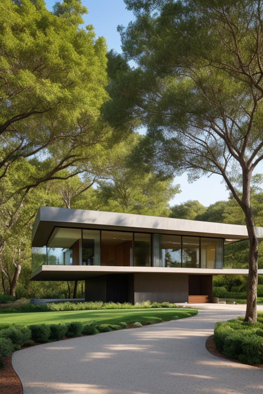 Casa de Campo, con Paredes de Piedra, Columnas de Corredores en madera, con una pendiente de terreno de 10%, espacio para guardar 2 vehículos, Jardín exterior con Cipreses Germánicos
, Mansion, designed by Oscar Niemeyer, Modern Architecture, in the morning, in the forest